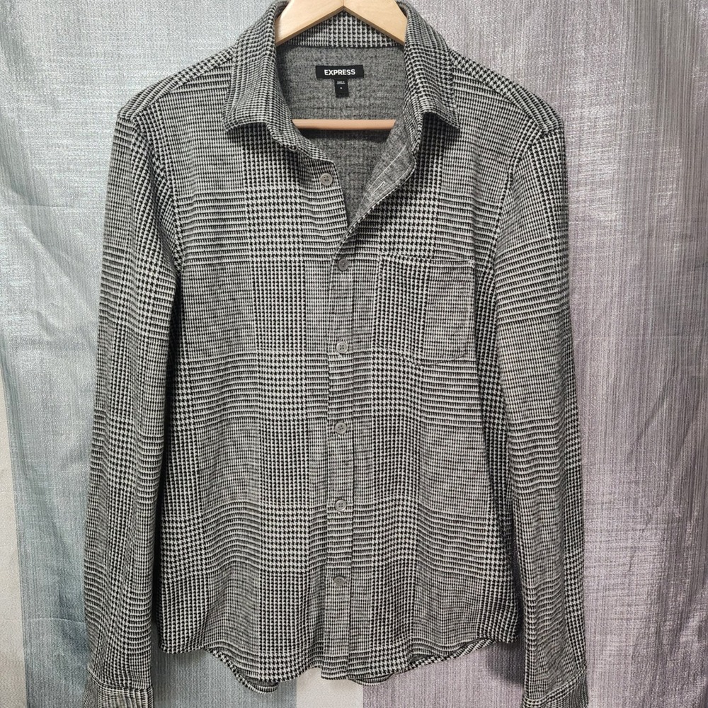 Express Men Glen Plaid Stretch Knit Button Up Shirt Black White Gray S 90s layer